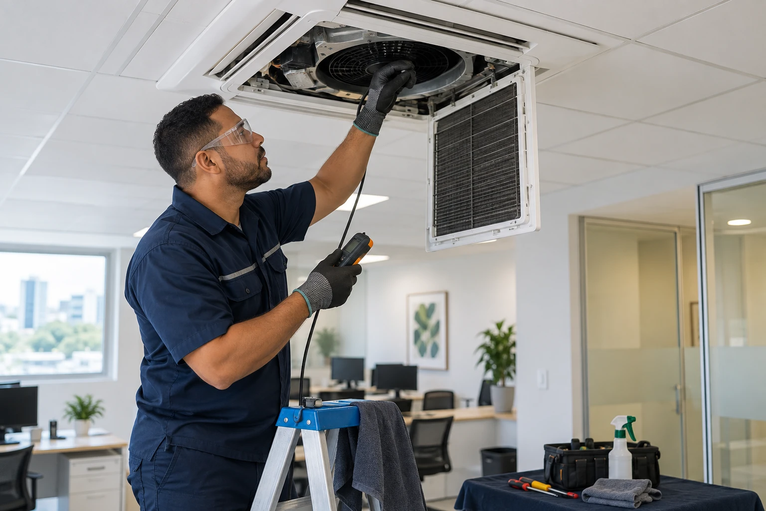 Técnico realizando manutenção preventiva em equipamento de ar-condicionado cassete